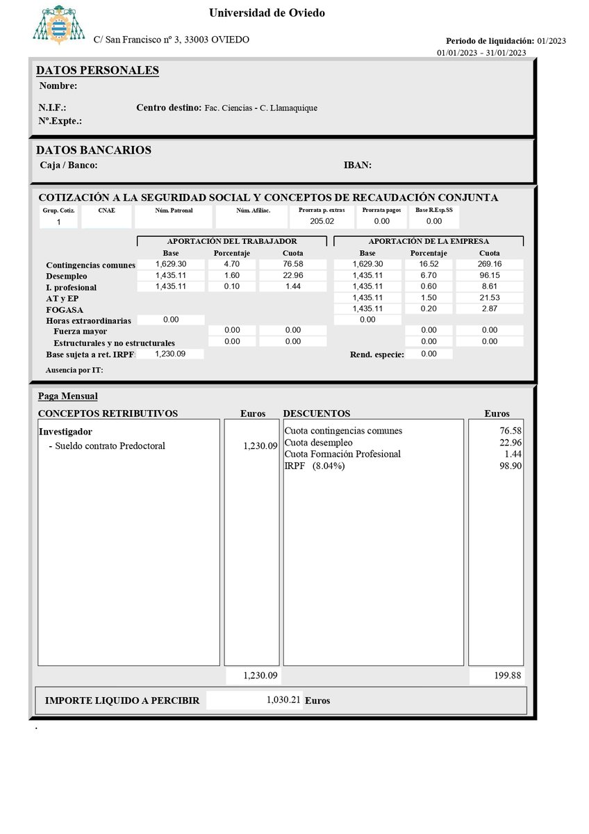 Bueno, pues hoy he recibido mi primera nómina como contratado predoctoral con FPU. Un total de 1030 euros me han llegado a la cuenta. Así es como pagan en la ayuda más prestigiosa para investigación en este país. 

Y hoy quiero contar un poco la odisea de la investigación.