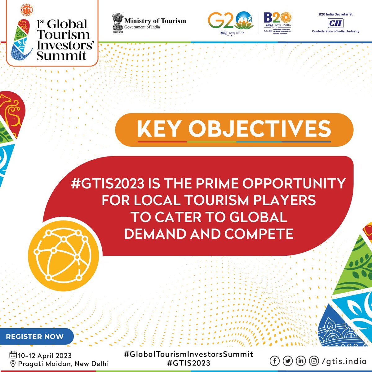Don't miss out on the chance to join local players in catering to global demand at the #GTIS2023 from 10-12 April 2023 in New Delhi. 

Register now at gtistourism.in/registration and explore all the possibilities!

#DestinationIndia #InvestIndia #Tourism #GlobalTourismInvestorsSummit