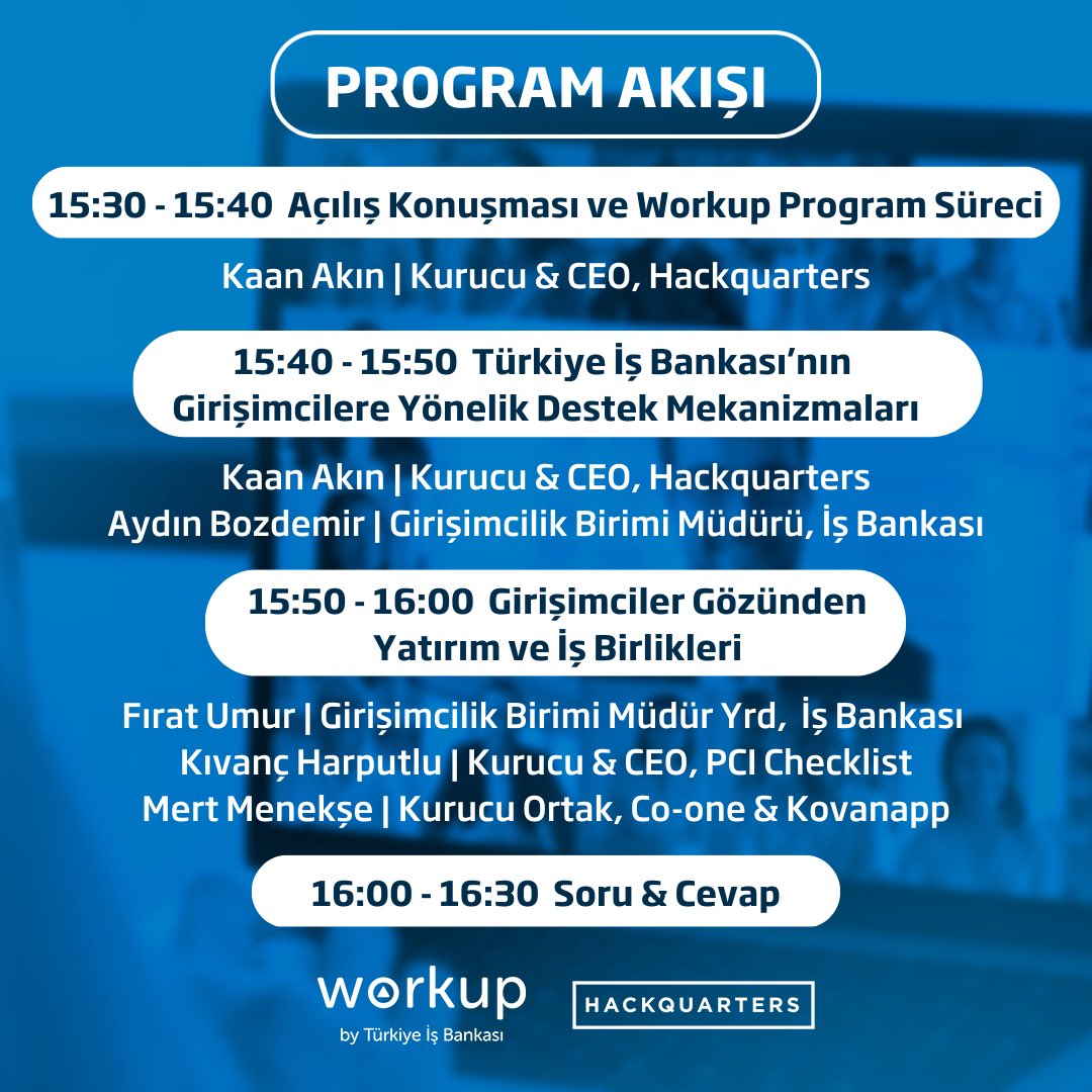 Workup 11. Dönem online buluşmasına davetlisiniz! 1 Şubat, 15:30’da gerçekleştireceğimiz etkinlikte program hedefleri & detaylarını, girişimcilerimizin gözünden yatırım ve iş birliklerini dinleyip, sorularınıza yanıt alabilirsiniz.🙌🏻 Kayıt için link > bit.ly/3Dt2FvK