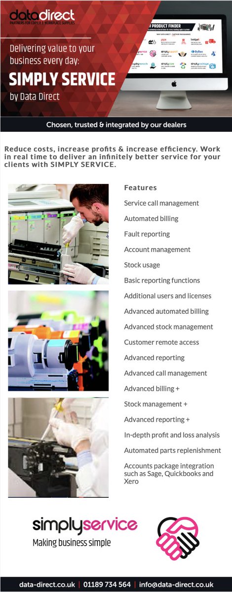 Simply Service, the field service management solution by Data Direct - delivering value to your business every day.
Helps reduce costs, increase profits &amp; efficiency to deliver an infinitely better service to clients.
data-direct.co.uk/partner-progra…
#datadirect #servicemanagement #toner