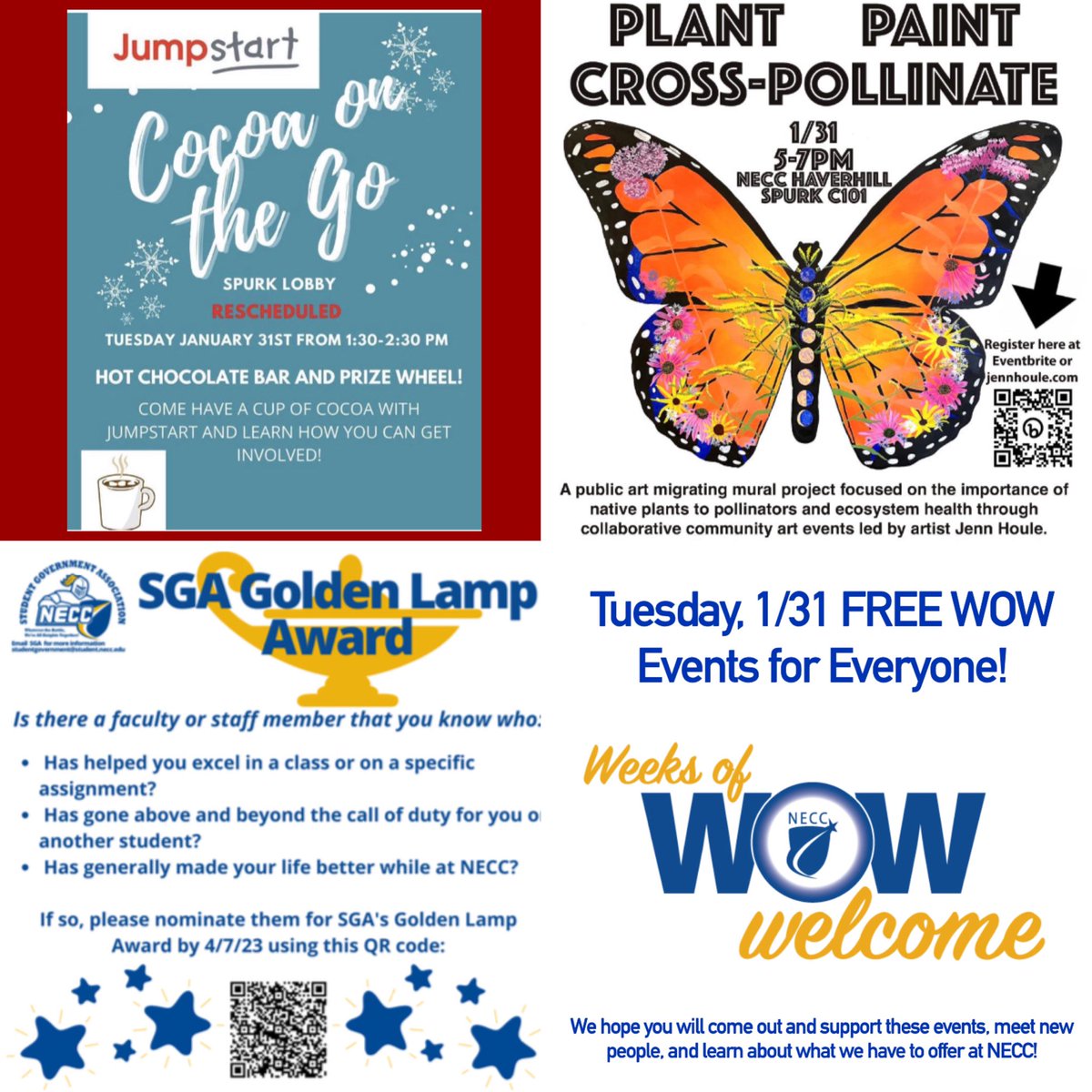 2 more days of free welcome events! Learn about our food pantry, check out Tuesday Talkies with Takis, learn about @paceprogram, win some gift cards at musical BINGO, grab some cocoa with @jumpstart_mccnecc, and register to attend the Plant Paint Cross-Pollinate event! #NECCWOW
