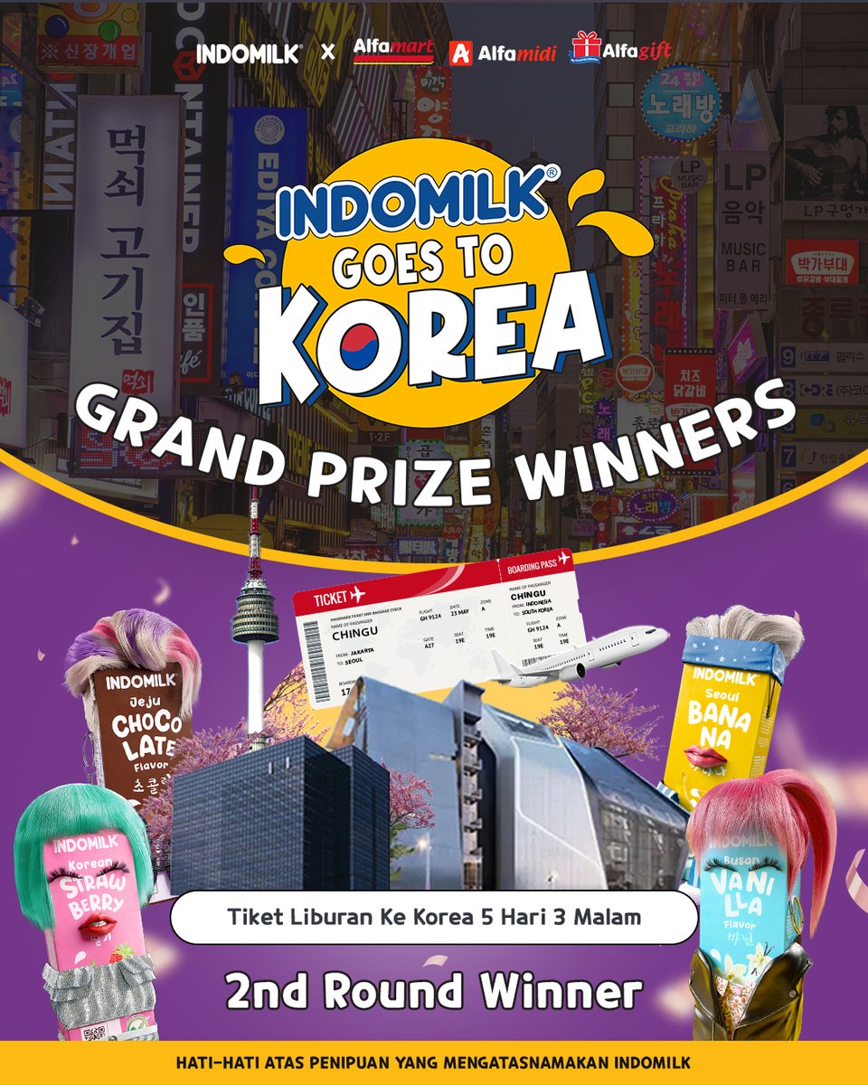 indomilkyourway's tweet photo. Selamat kepada Pemenang Grand Prize Winners 2nd Round! Chukkae~

Setelah melalui proses verifikasi, ini dia 3 pemenang #IndomilkGoesToKorea yang berhak memenangkan 2 Tiket Liburan ke Korea 5D3N bareng Indomil-K.* Yaaay!

*Keputusan Tim Indomil-K tidak dapat diganggu gugat https://t.co/eMVIqKKo0n