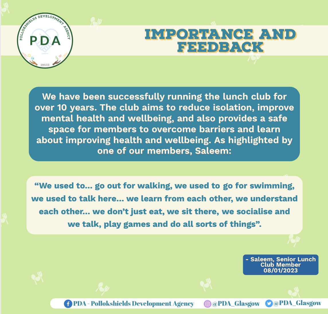 Pollokshields Development Agency (@pda_glasgow) on Twitter photo Join us tomorrow at 2pm! 🍽️
For over 10 years the PDA has hosted a Senior Lunch Club, which is still running to this day. ✨
If interested please contact us via email - belal@pdaglasgow.org.uk / ramesh@pdaglasgow.org.uk! Join us tomorrow at 2pm! 🍽️
For over 10 years the PDA has hosted a Senior Lunch Club, which is still running to this day. ✨
If interested please contact us via email - belal@pdaglasgow.org.uk / ramesh@pdaglasgow.org.uk!