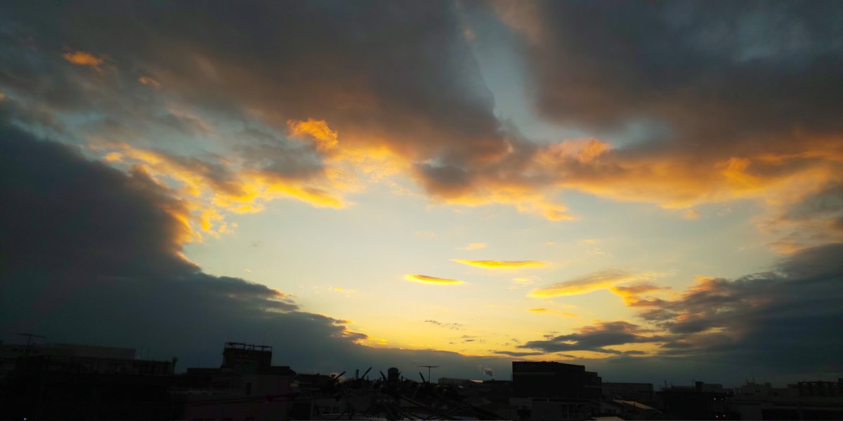 「今日の朝日(1枚目)と、夕焼け  仕事の資料探して揃えて印刷して綴じて……って延」|かねさだけいし/兼処敬士のイラスト