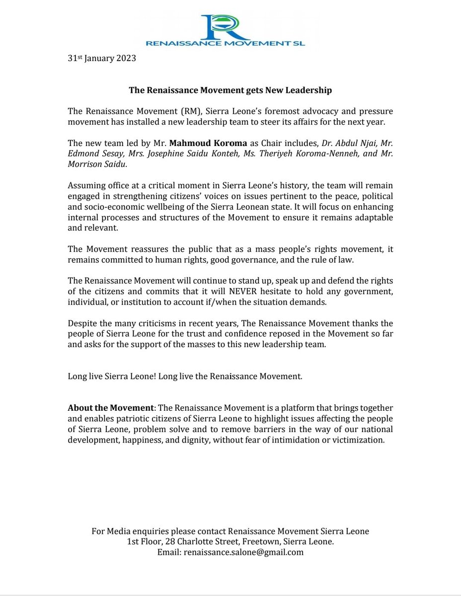 RMSalone's tweet photo. Congratulations! RM #Salone new leadership unveiled.
Moving forward together.. promoting human rights & good governance
Respect π to the outgoing leadership
#ForSalone https://t.co/Xp9LQ6PBjn