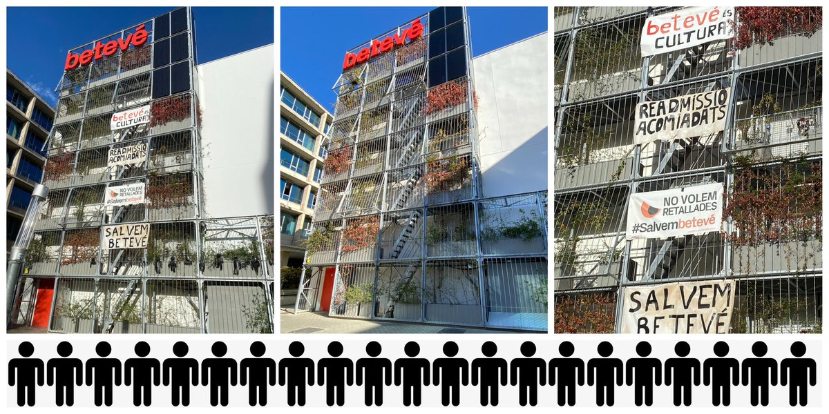 Després del tuit inacceptable del <a href="/sergivicente/">Sergi Vicente</a> d'ahir, arriba la CENSURA a <a href="/beteve/">betevé</a> . Direcció ha fet despenjar les pancartes i els ninots de la façana que recordaven les 21 persones acomiadades. #SalvemBetevé