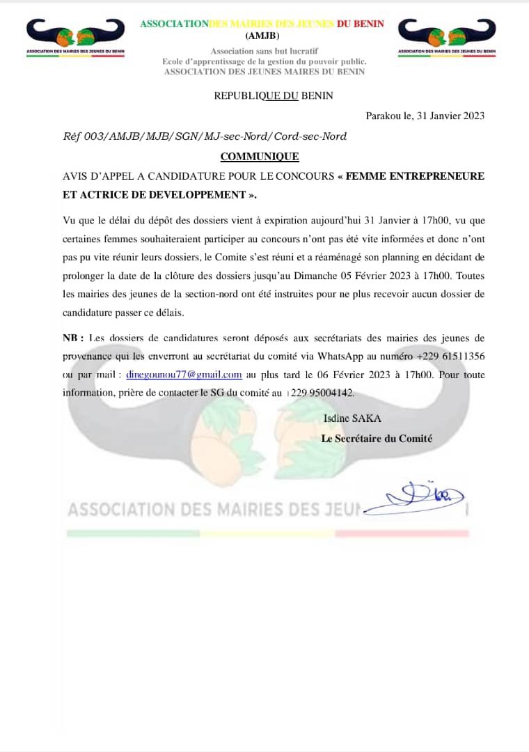 Toujours possible de postuler au concours Femme entrepreneure et actrice de développement jusqu’au 05 février. #Wasexo #Team229 #TT229 #JIF2023 #AMJB #MJN
