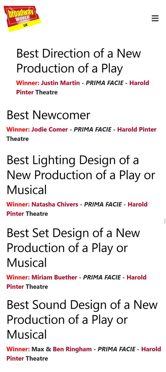 EnosAniretak's tweet photo. Congratulations to Jodie and Prima Facie team on their BroadwayWorld UK / West End Awards win:
- Best Direction: Justin Martin
- Best Newcomer: Jodie Comer
- Best Lighting Design: Natasha Chivers
- Best Set Design: Miriam Buether
- Best Sound Design: Max & Ben Ringham
👏👏👏 https://t.co/HudgRFpm0E