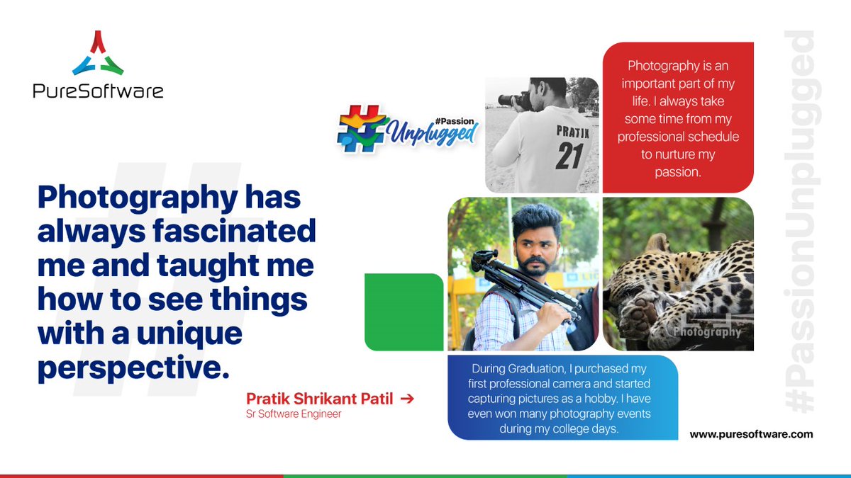 PureSoftware's tweet photo. We asked one of our senior software engineers, Pratik Shrikant Patil about what he loves to do in free time, he mentioned his passion for photography. Read what he said.
To explore #LifeatPureSoftware? Visit https://t.co/zopMPPJdpm
#passionunplugged #photography https://t.co/m66vs8FAqN