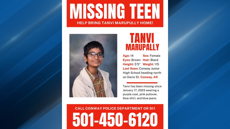 Tanvi Marupally has been missing for two weeks, after she ran away from school on Jan. 17.
If you have any information on Tanvi's whereabouts, please contact the Conway Police Department at 501-450-6120.
katv.com/news/local/con… | #ARNews