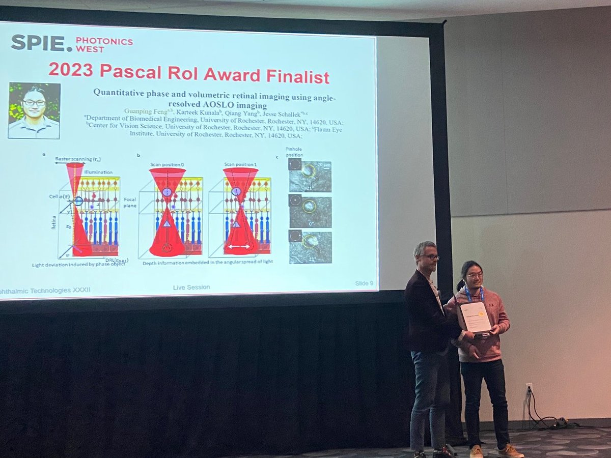 @UofRBME graduate student Guanping Feng receiving recognition as Pascal Rol award finalist @PhotonicsWest.  Incredibly proud of his hard work on quantitative phase imaging! #PhotonicsWest
#SPIE #SPIEBiOS 
 @SPIEtweets @CvsUor @FlaumEye @URochester_SMD