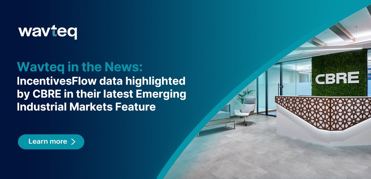 wavteq's tweet photo. Wavteq's IncentivesFlow, the only database tracking financial incentives awarded to companies for foreign and domestic investment projects, has been featured on @CBRE's  latest Emerging Industrial Markets Feature.

Read the report - https://t.co/XGaFLpuy4P https://t.co/ihIGVbBVmQ