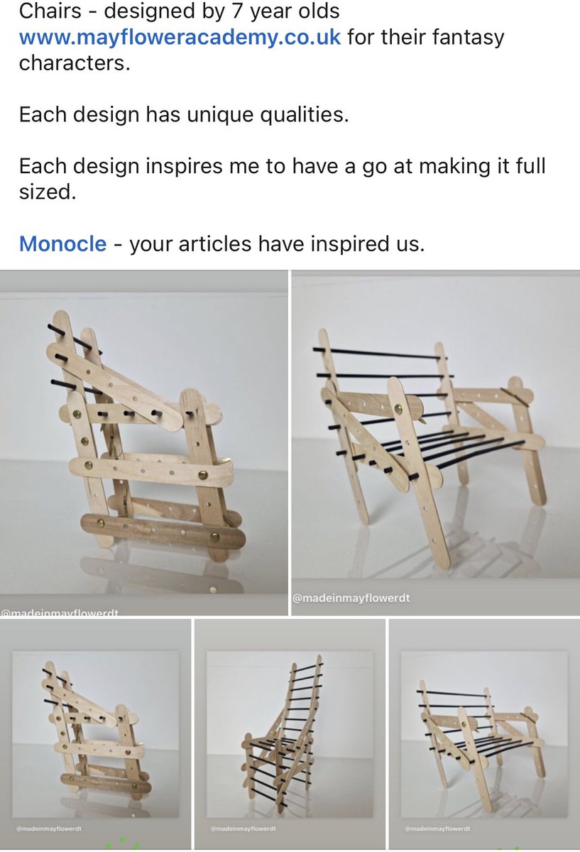 David Sammels (@davidsammels) on Twitter photo Chairs - designed by 7 year olds for their fantasy characters.
Each design has unique qualities.
Each design inspires me to have a go at making it full sized.
<a href="/MonocleMag/">Monocle Magazine</a> - your articles have inspired us
@EllieHernMCA <a href="/JessicaRyanMCA/">Jessica Ryan</a> <a href="/KellyKing_MCA/">Kelly King MCA</a> <a href="/helenjMCA/">Helen Jennings</a> TY & well done Chairs - designed by 7 year olds for their fantasy characters.
Each design has unique qualities.
Each design inspires me to have a go at making it full sized.
<a href="/MonocleMag/">Monocle Magazine</a> - your articles have inspired us
@EllieHernMCA <a href="/JessicaRyanMCA/">Jessica Ryan</a> <a href="/KellyKing_MCA/">Kelly King MCA</a> <a href="/helenjMCA/">Helen Jennings</a> TY & well done