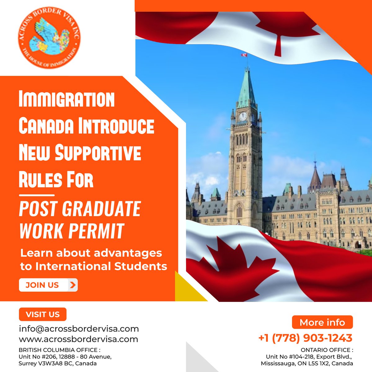 abvcanada's tweet photo. Are you an international student who wants to learn about the new rules for PGWP?
Let us help you know the eligibility criteria for it and its benefits.
👉 Call us at 📲 +1 778-903-1243
#acrossbordervisa #acrossborder #cicnews #canada🇨🇦 #liveincanada #ircc #cicnews #cic https://t.co/e90pr8spKM