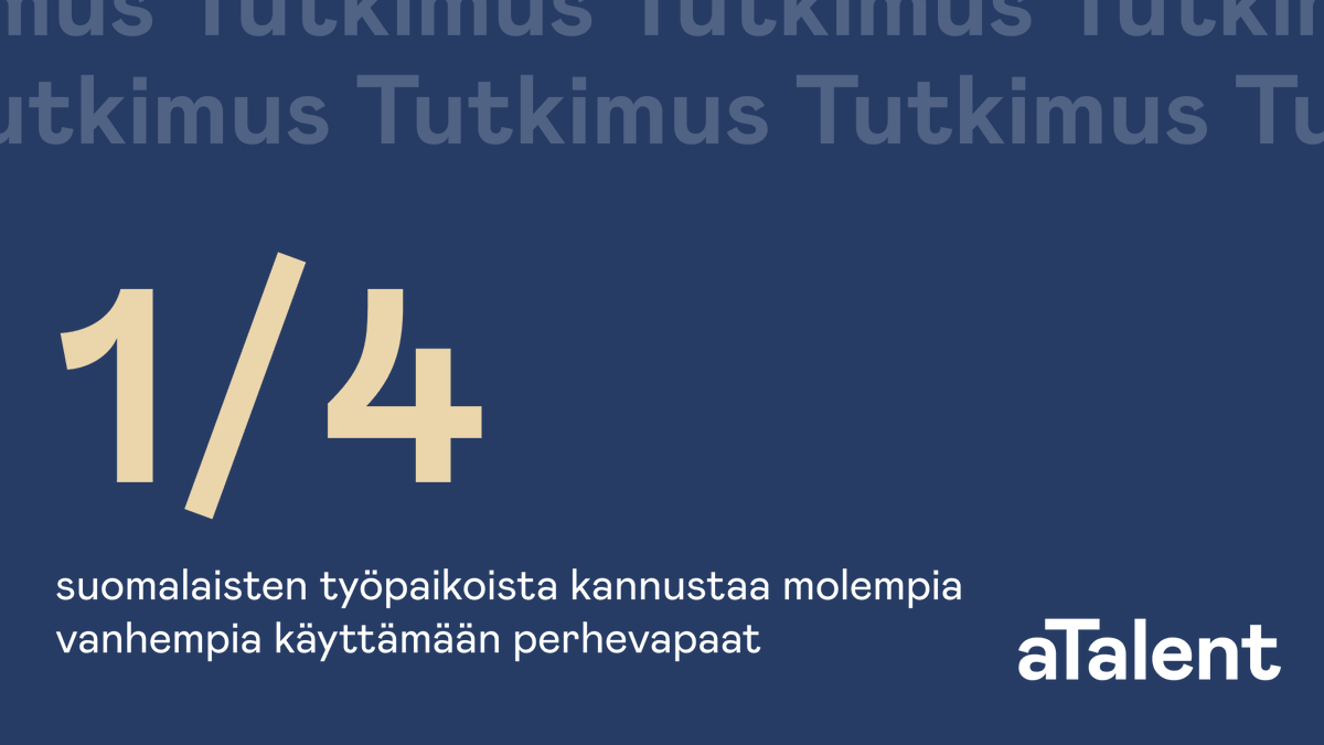 Perhevapaauudistuksen tarkoituksena onkin jakaa perhevapaita ja hoitovastuuta aiempaa tasapuolisemmin. Vielä vain neljäsosalla työpaikoista kannustetaan molempia vanhempia käyttämään perhevapaita. Lue lisää Perhe- ja työelämätutkimuksestamme: hubs.ly/Q01yBdk10