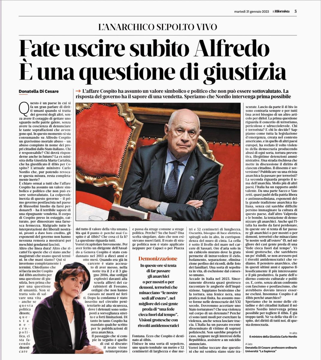 DiDonadice's tweet photo. #Cospito libero! No al #41bis Oggi il mio intervento sul Riformista 📌 https://t.co/vNvUyMpQ5A