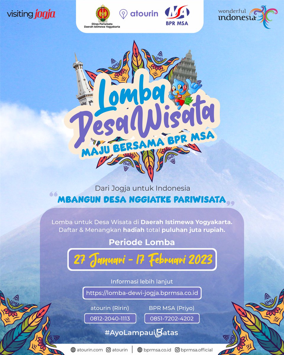 visiting_jogja's tweet photo. Bangun Desa, Nggiatke Pariwisata!
Panggilan untuk seluruh desa dan kampung wisata di Daerah Istimewa Yogyakarta!
Udah siap maju bersama BPR MSA dari Jogja untuk Indonesia?
#LombaDesaWisata
#DisparDIY
#visitingjogja
#jogjaistimewa https://t.co/28MIxzvR7Z