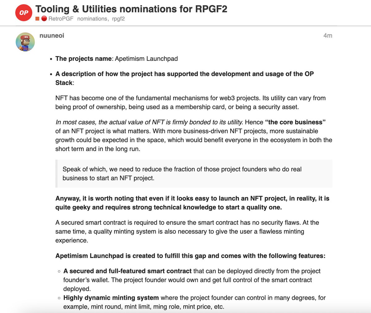 Apetimism's tweet photo. We just nominated our "Apetimism Launchpad" for the RetroPGF2 in the "Tools &amp; Utilities" track.

There is no promise that PGF will be granted since it is not in our control. We just want to keep everyone posted on the progress we have made!

https://t.co/epKHqOhZNE https://t.co/23wObtkmMR