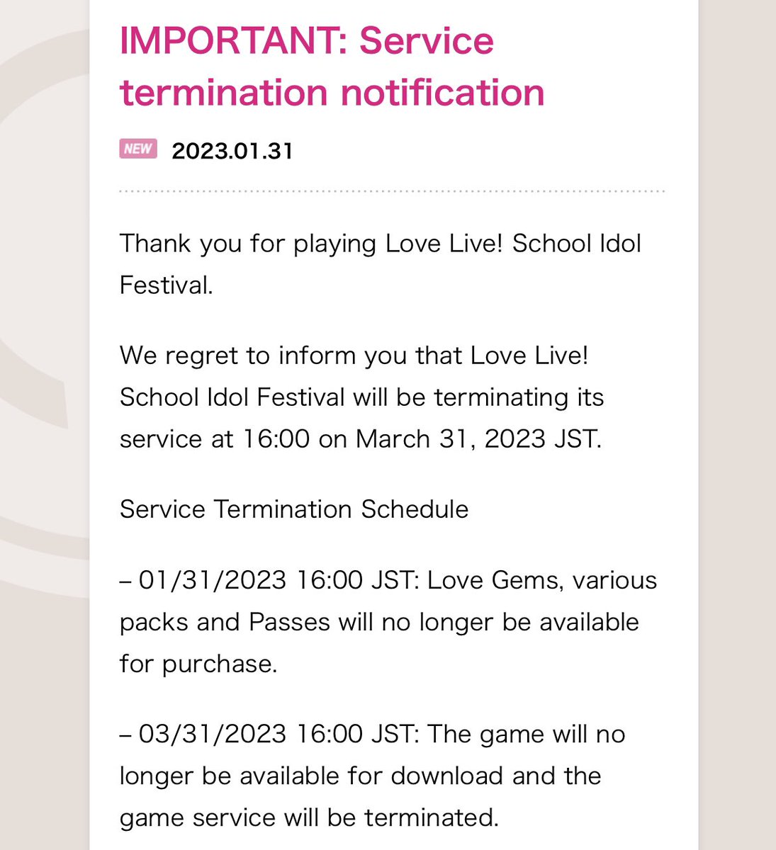 idoldotst's tweet photo. [#SIF] 📢End of Service📢

Love Live! School Idol Festival will be terminating its service March 31st, 16:00 JST.

After this time, the game will not be able to be downloaded, and the game service will be terminated.

🌟 https://t.co/AtTam6d75f 🌟

#lovelive #スクフェス #LLSIF https://t.co/c5uJn6xrq8