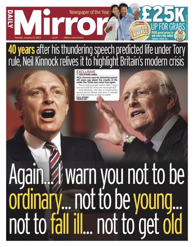 Neil Kinnock repeating his inspiring “I warn you” speech is today’s <a href="/DailyMirror/">The Mirror</a> splash.