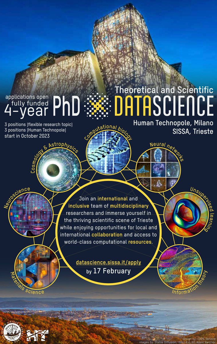 Fully-funded 4-yrs #PhD in #DataScience for #biology &amp; #medicine, <a href="/humantechnopole/">Human Technopole</a> (Milan) + <a href="/Sissaschool/">SISSA</a> (Triest), no restriction on nationality. DATA+THEORY to fight diseases.
Apply now, end Feb 17th!
-&gt; datascience.sissa.it/apply
#LifeSciences #MachineLearning #datasciencejobs