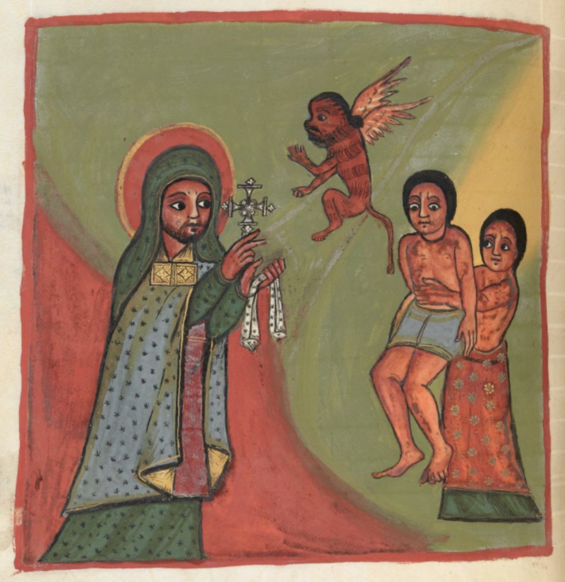 ArtEthiopic's tweet image. St Takla Haymānot exorcizing a flying monkey demon (ጋኔን፡ በአምሳለ፡ ሆባይ፡)   #monkeydemon #flyingmonkey #monkey #taklahaymanot #exorcism #africanart