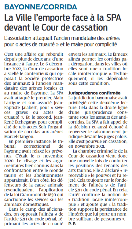 BAYONNE/CORRIDA
La Ville l’emporte face à la SPA
devant le Cour de cassation
#OuiàlaCorrida