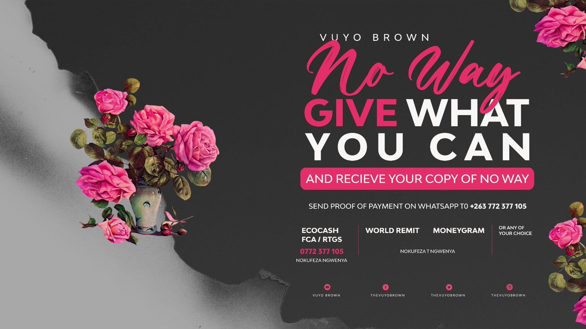 #NoWay is out😃💃🏽
For those with no access to online stores, or who just want to give for the music 
It's usually Pay What You Want, this time we said Give What You Can 😊 (birthday things)

Ecocash FCA or RTGs
077 2 377105 (Nokufeza Ngwenya)