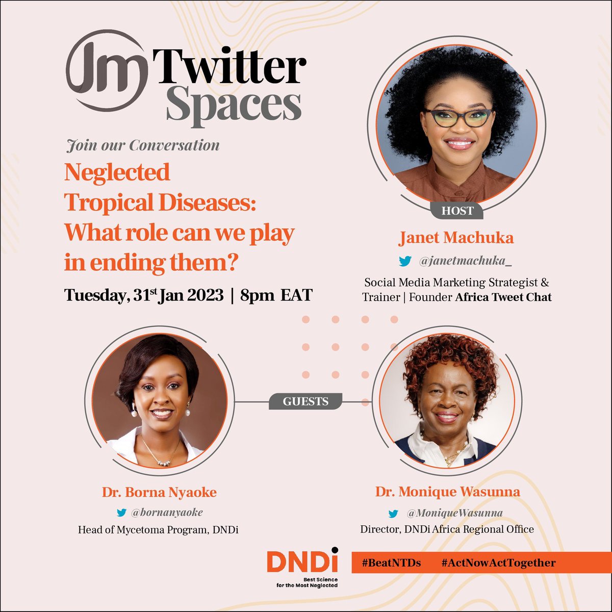 We want to end #NeglectedTropicalDiseases 
So far, 47 countries have eliminated an #NTD, showing progress is possible.  
Join @MoniqueWasunna and I in a live session tonight on #TwitterSpaces moderated by @janetmachuka_ as we discuss on what role we can all play in  #BeatNTDs