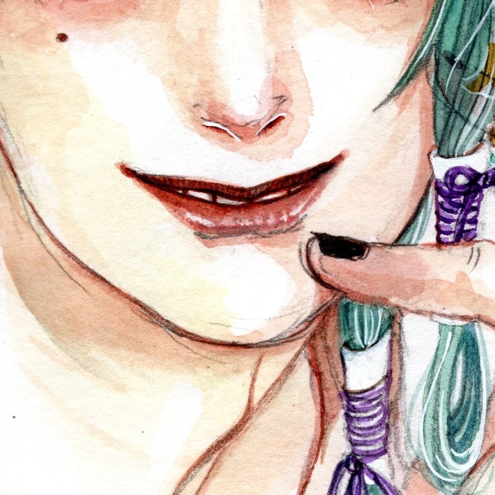 1girl black nails close-up green hair hair ornament hair tubes lips  illustration images