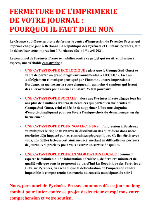 Fermeture de l'imprimerie de <a href="/LaRepDpyrenees/">La Rép des Pyrénées</a>
 : pourquoi il faut dire non. #ProjetDéclic
Une décision totalement infondée.