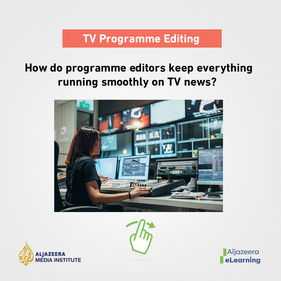AJeLearnEN's tweet photo. Keeping the news show on track - how do TV editors do it?
Learn all about TV news programme editing with Al Jazeera Media Institute's e-Learning course: https://t.co/hFeOFZNJIv
@AJMInstitute @jennjourno @AJeLearnEN #AlJazeera_eLearning #eLearning #ProgrammeEditing #TVNews https://t.co/DSKb8YiqEP