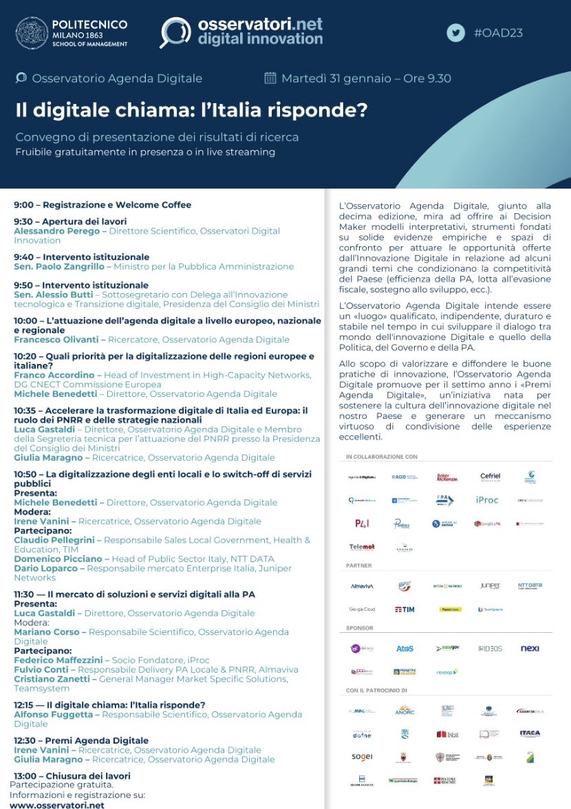 Al via alle 9:30 il Convegno "Il digitale chiama: l'Italia risponde?". Accedi o iscriviti gratuitamente per seguire il live streaming: bit.ly/3QACatt #OAD23 #ossagendadigitale #osservatoriagendadigitale #agendadigitale