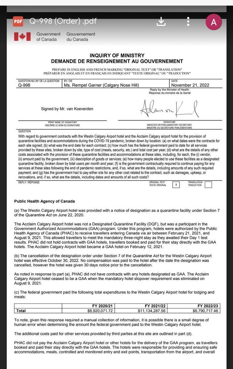 This is wild. An order paper filed by Conservative MP Michelle Rempel Garner shows that the Liberal government paid almost $7 million for 15 COVID-19 government-ordered quarantine stays in Calgary in 2022. That’s nearing half a million dollars per person.

michellerempelgarner.substack.com/p/new-hotel-ex…