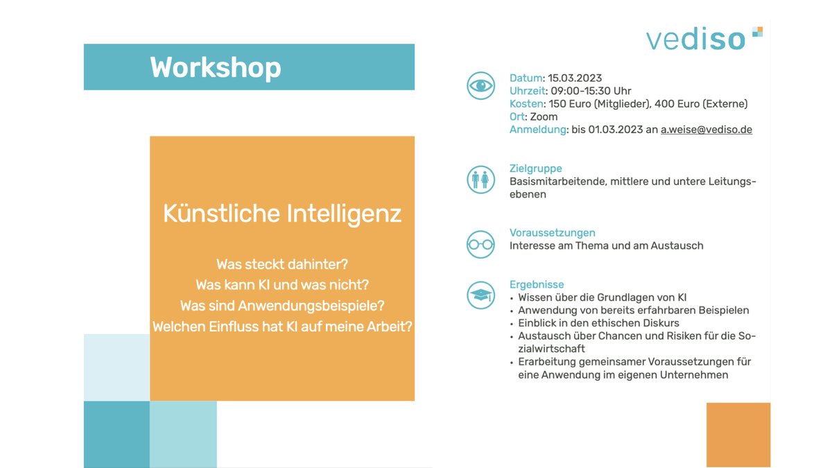 Vediso_eV's tweet photo. Wollt ihr euch zum Thema KI weiterbilden - ohne komplizierte Mathematik oder Programmierung? Im Workshop "Künstliche Intelligenz" am 15. März 23 erhaltet ihr einen Einblick in die KI-Grundlagen und Anwendungspotenziale. Mehr Infos: https://t.co/3z8LfQQUWn https://t.co/CtamfA7ZH1