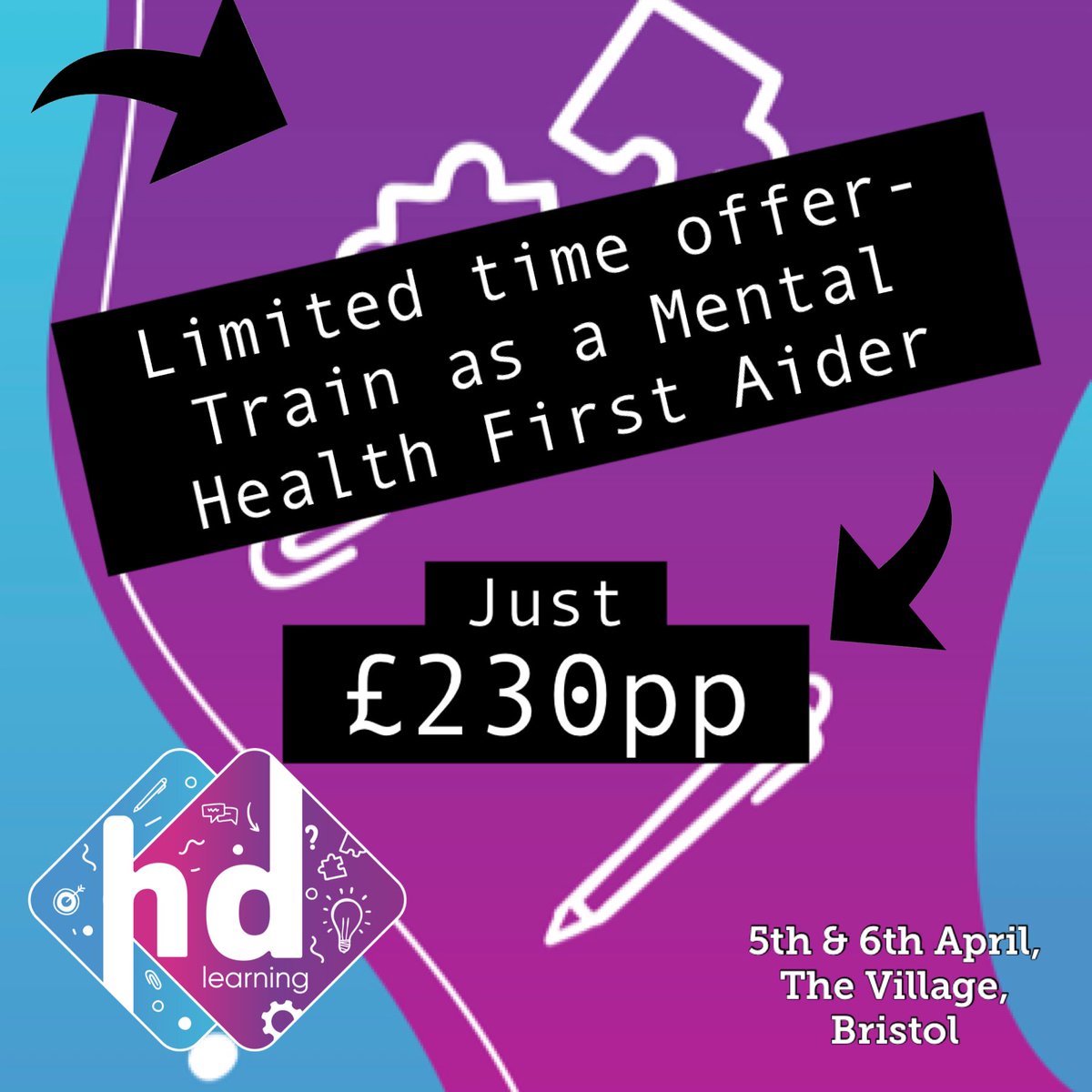 HD_Learning's tweet image. Mental Health First Aid Training 🌟Face2Face Instructor learning 
🌟Interactive, fun &amp;amp; engaging learning
🌟All learning resources 
🌟Drinks, snacks &amp;amp; a delicious lunch 
🌟A qualification &amp;amp; certification valid for 3 years
🌟Access to gym &amp;amp; pool facilities
🌟Free parking
#Bristol