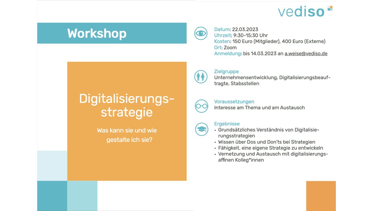 Vediso_eV's tweet photo. #Digitalisierungsstrategie – was ist das und wie können wir sie entwickeln? Seid beim #Workshop am 22.03.2023 dabei! Der Workshop ist offen für alle gemeinnützigen Träger und Sozialunternehmen. Mehr Infos: https://t.co/3z8LfQQUWn https://t.co/bXC4eZd7j4
