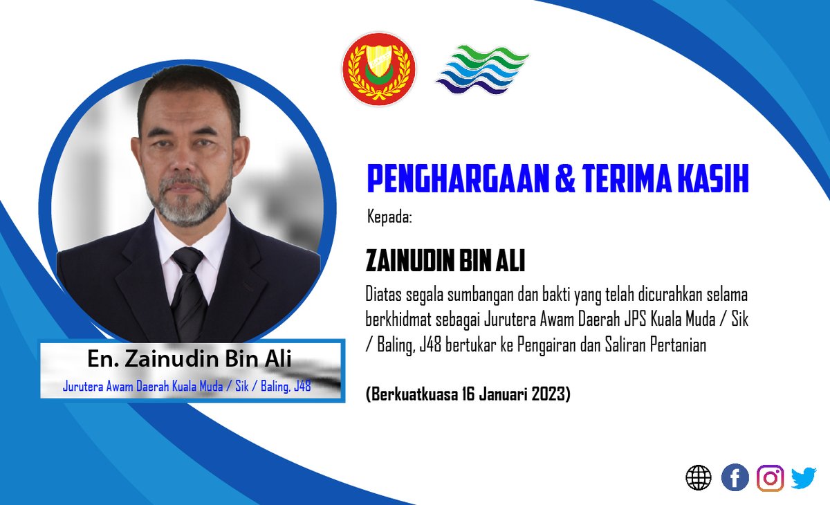 Setinggi-tinggi ucapan penghargaan dan terima kasih diucapkan kepada En. Zainudin Bin Ali atas segala sumbangan dan bakti yang telah dicurahkan selama berkhidmat di JPS Negeri Kedah.
Selamat bertugas dan berkhidmat di tempat baru.
#jpskedah
#jayakanperkhidmatansempurna