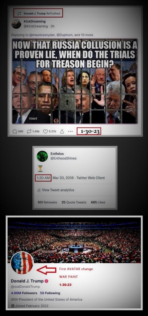 PRESIDENT TRUMP CHANGES AVATAR FOR THE FIRST TIME 

TREASON MEME RETURNS (w/Brennan) 

WAR PAINT ON 

HOUR GLASS TIMESTAMP 2018

2023 = LIT 

#USA250 #America250 

#JANUARY 

rumble.com/vtl5r0-the-epi…

truthsocial.com/users/ENTHEOS/…