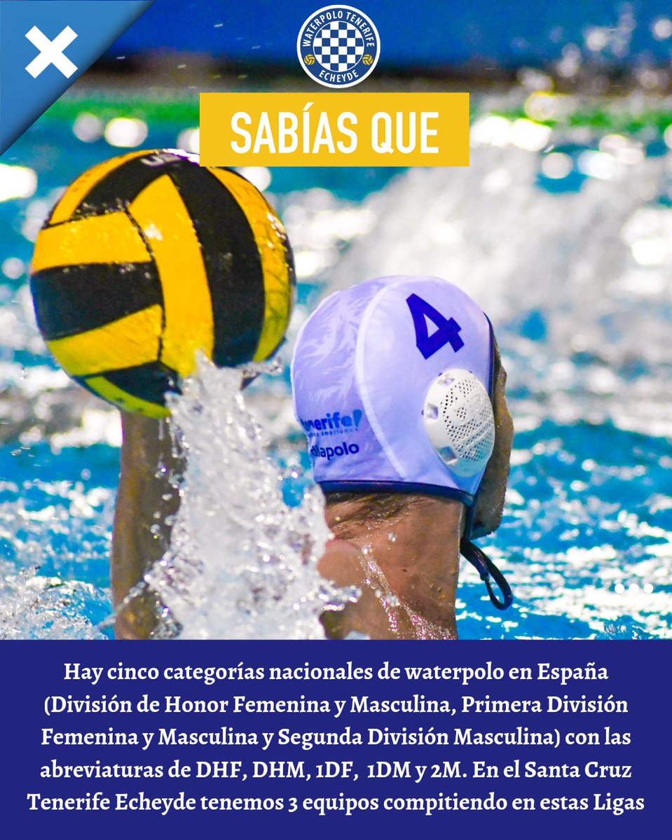 CNECHEYDE's tweet photo. 🔵#SABÍASQUE... hay 5️⃣ categorías de waterpolo en 🇪🇸 (División de Honor Femenina y Masculina, Primera Femenina y Masculina y Segunda Masculina) con abreviaturas de DHF, DHM, 1DF, 1DM y 2DM. En el #SantaCruzTenerifeEcheyde tenemos 3 equipos jugando en estas Ligas💪
📸 #LolaFilms https://t.co/UDCaDuTKk7