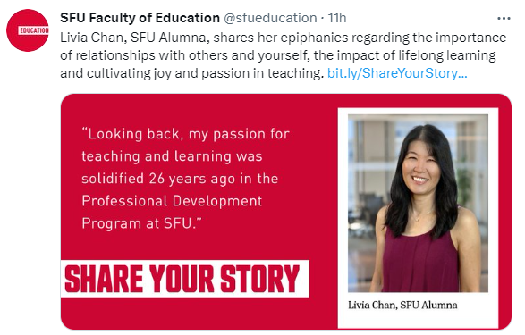 LiviaChanL's tweet photo. ♥️ TWO new posts!
Deep #gratitude to @sfueducation for sharing my story:
https://t.co/a7ajt8m8ML
I wrote a follow-up blog post to encourage & inspire you to share your story:
https://t.co/4ANcm760jl
#TeachBetter #edutwitter #story #SFUPDP https://t.co/wpcQ41C6UF