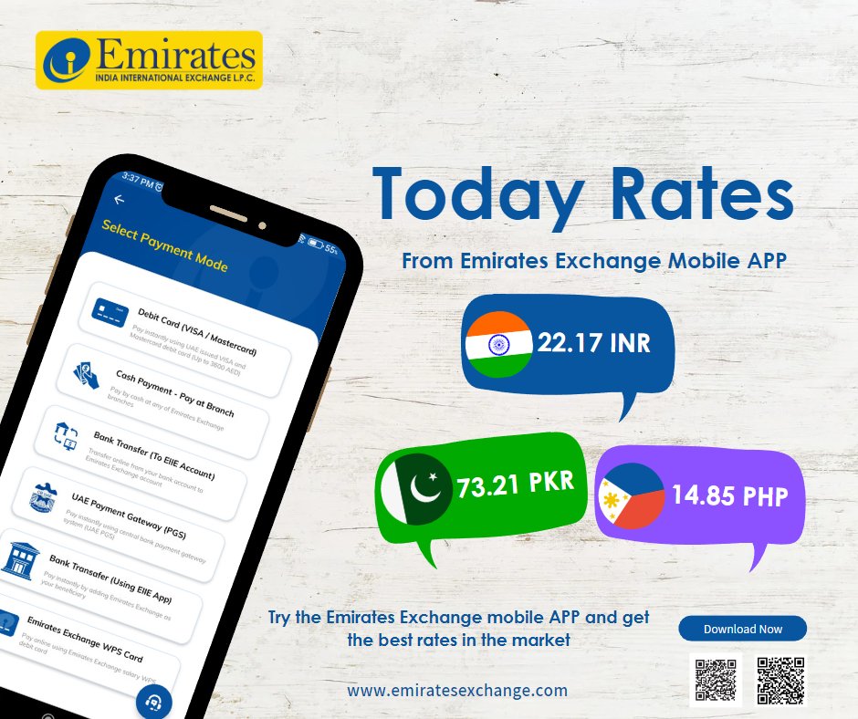 eiiexchange's tweet photo. Get exciting exchange rates from Emirates Exchange, download our mobile APP or visit your nearest branch to get the best rates in the market.

* for the latest rates kindly check our mobile app

#IndiaRupee #UAE #Remittance #ExchangeRates #pakistanrupee #PisoRate #philppines https://t.co/ad2RlAR52C