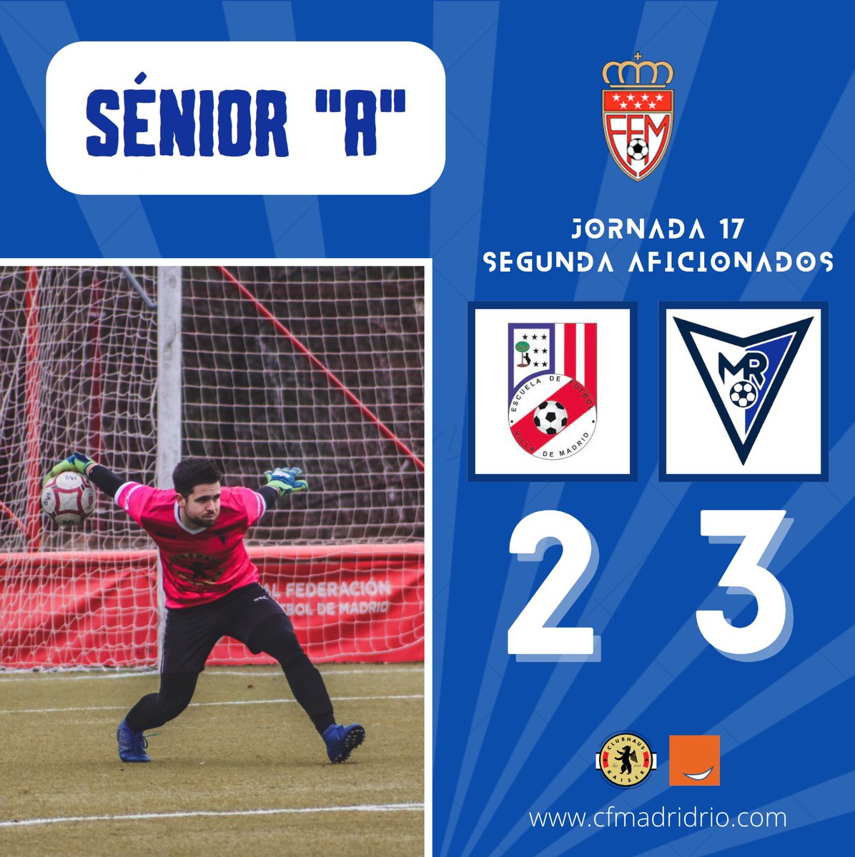 CFMadridRio's tweet photo. 📝⚽️ CRÓNICA J17 | #SéniorA

Importantísimos tres puntos en un campo dificilísimo. Y de la manera soñada. Penalti parado por Marcos con 2-2 y gol de Parri en el último minuto. https://t.co/H3zg40Z3C4