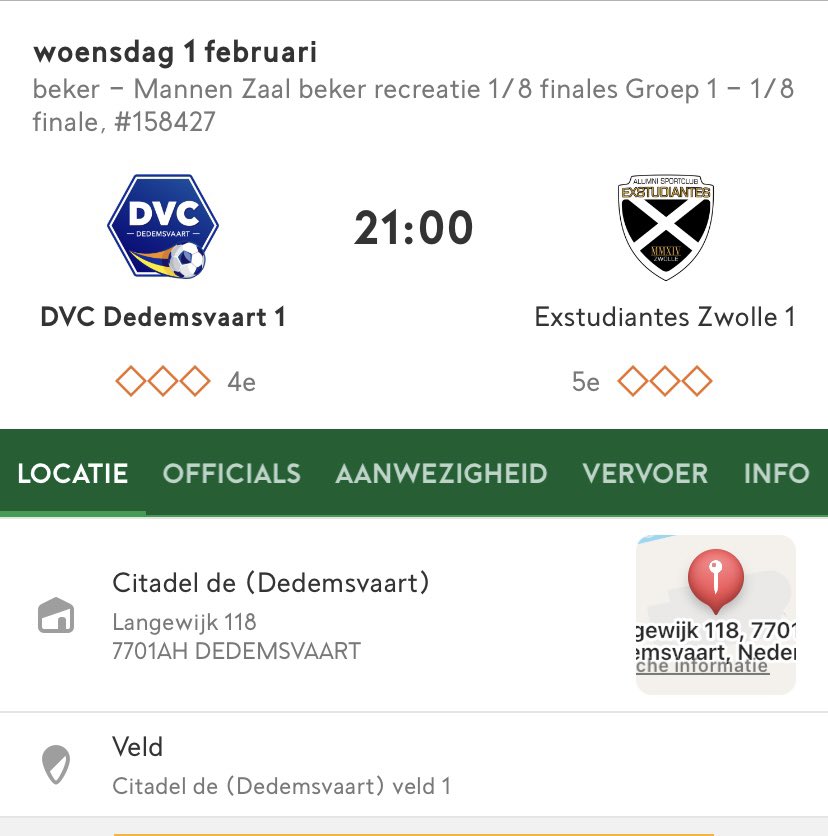 Morgenavond speelt DVC Dedemsvaart zaal 1 thuis voor de 1/8e finale van de beker tegen Exstudiantes Zwolle 1.  
🕘 21:00
📌 Citadel Dedemsvaart 
#beker #dvc #Citadel <a href="/Exstudiantes_Zw/">Exstudiantes Zwolle</a>