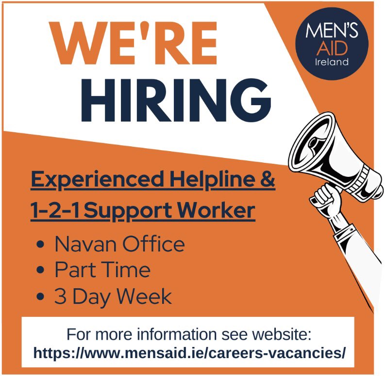 📣 We are hiring! 
We are looking for an experienced Helpline / Support worker to join our brilliant team in our HQ in Navan.
Part time - 3 day week.
See details on our website: 
mensaid.ie 
#jobs #navan #supportwork #socialcare #domesticabuse #coercivecontrol