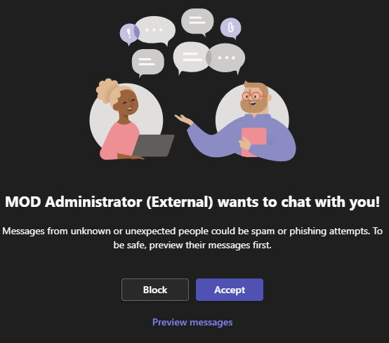 365Fanatic's tweet photo. A great new feature in #MicrosoftTeams will allow you to accept or block new incoming chats from external organizations with the option to preview the incoming message. The user can be unblocked as well.

#Microsoft365 #365Fanatic https://t.co/pZiD7n4TVp