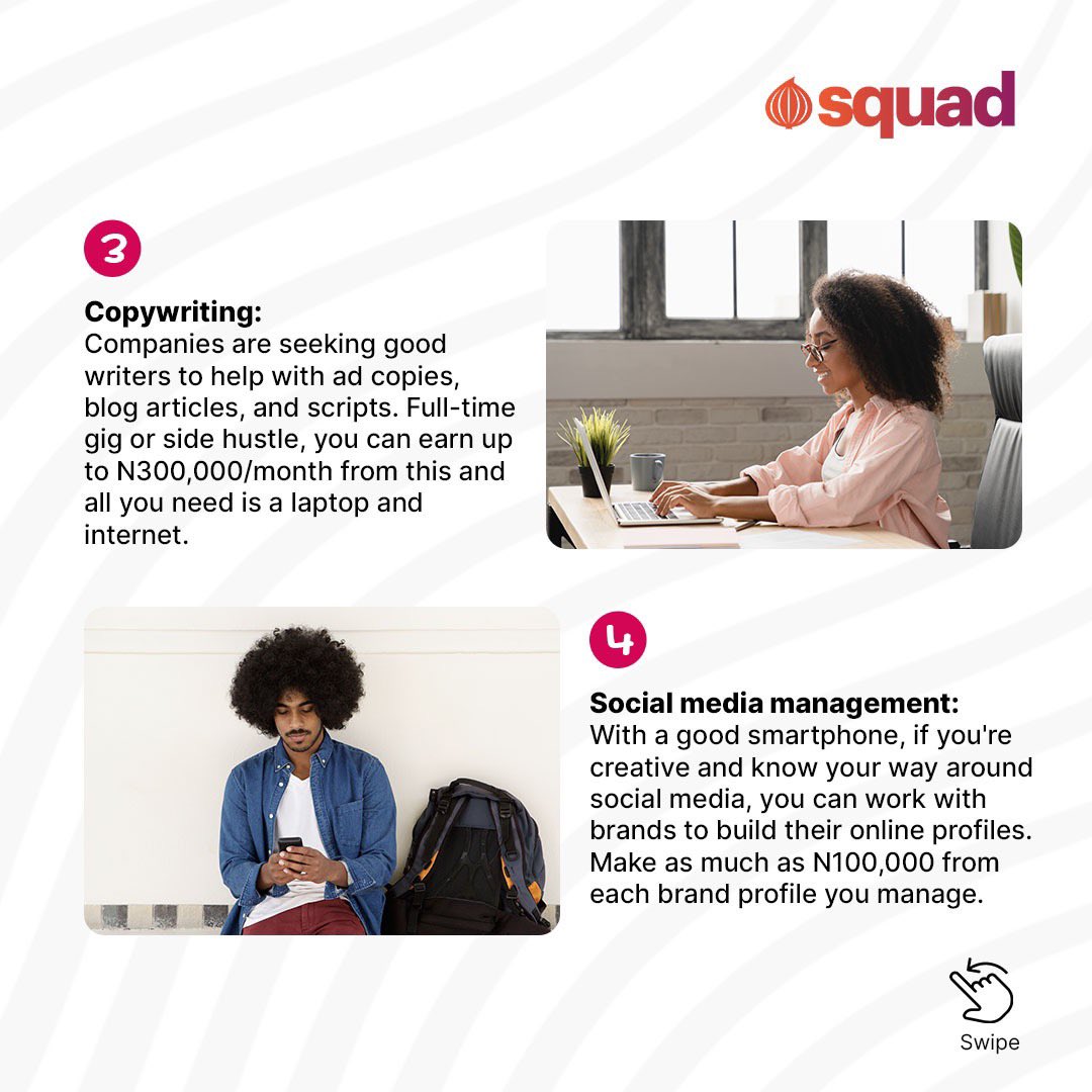 OfficialSquadCo's tweet photo. Starting a business of your own comes with many advantages, such as improving your financial standing, being your own boss, &amp; finally achieving your dreams.

If you’ve ever wondered what kind of businesses you can start with little or no capital in Nigeria, here’s our top 5 list. https://t.co/G2wQUnkSPA