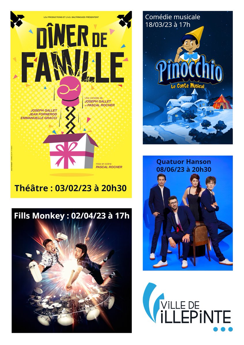 [#Culture] 𝓔𝓷 2023 à 𝓥𝓲𝓵𝓵𝓮𝓹𝓲𝓷𝓽𝓮, la saison culturelle poursuit son chemin jusqu'à juin
Théâtre : "Diner de famille" le 3 février 
"Pinocchio" le 18 mars
<a href="/Fills_Monkey/">fills_monkey</a> le 2 avril
Le quatuor Hanson le 8 juin 
Infos : wp.me/P8ns4u-q8