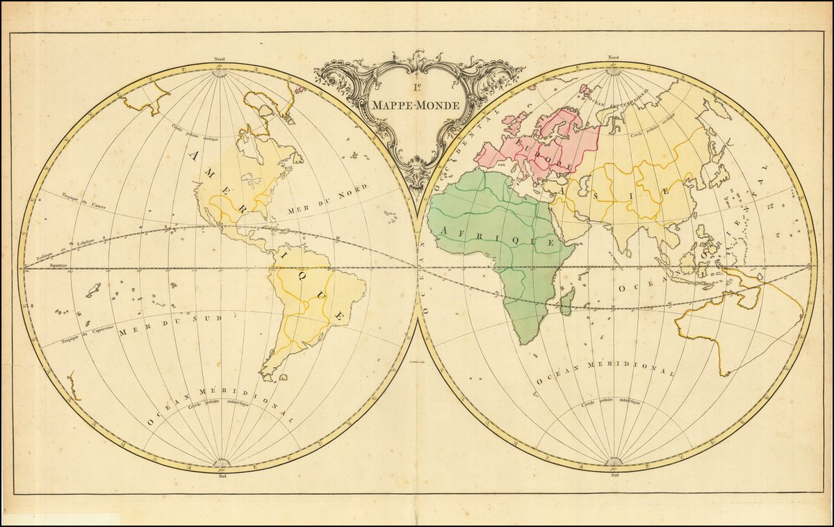 This world map is simple for a reason: it is made to teach geography, part of a series in Jean Palairet’s Atlas méthodique, composé pour l'usage de son altesse sérénissime Monseigneur le Prince d'Orange et de Nassau (1755).

Learn more here: raremaps.com/gallery/detail…

#maps