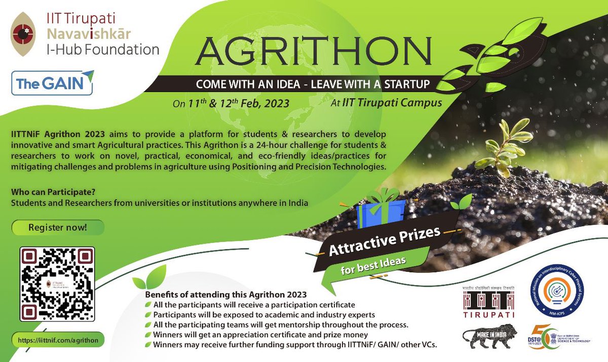 Let the learning begin! ✨ 

It's time for IIT Tirupati Navavishkar to begin! You don't want to miss AGRITHON 2023, which is providing a platform for students and researchers to develop innovative and smart agricultural practices. 

Link : iittnif.com/agrithon